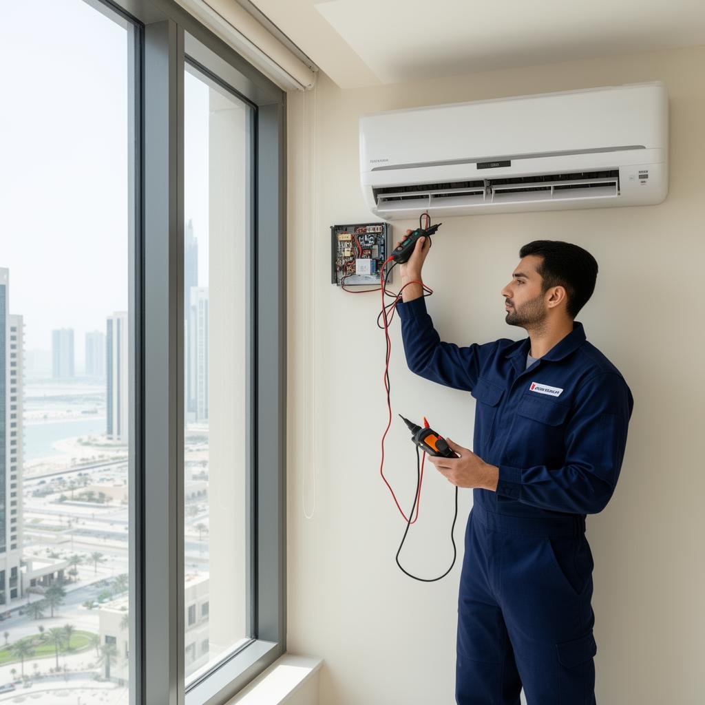 Certified HVAC technician repairing a split AC unit in Ajman
