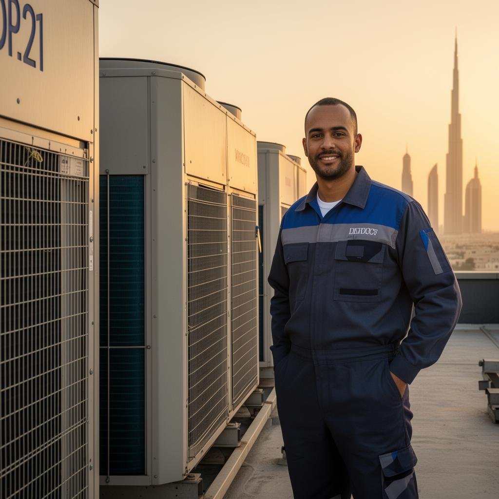 Star Cool HVAC technician next to commercial cooling unit